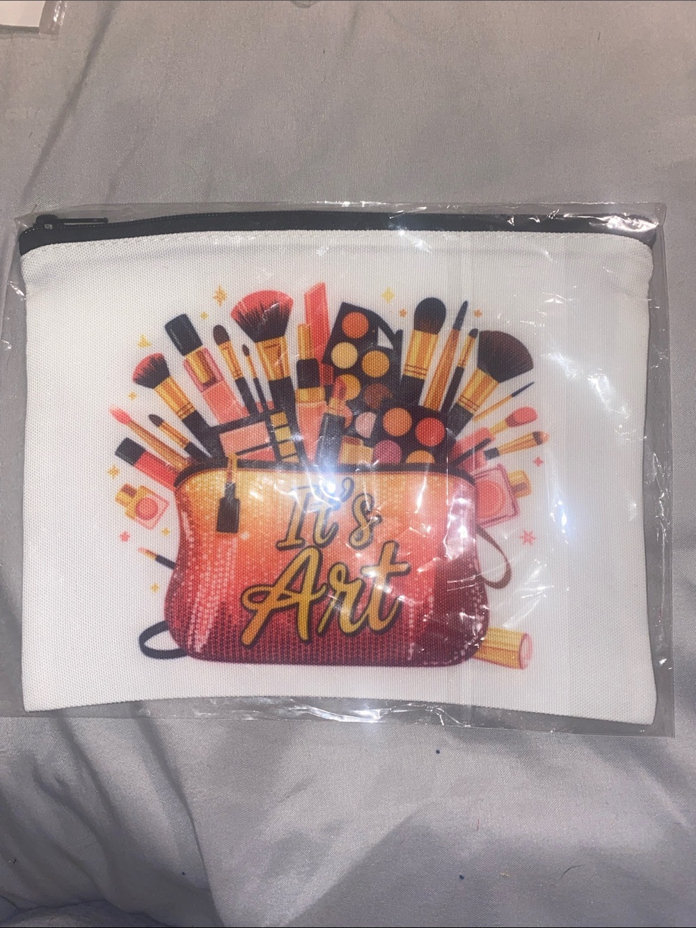 White Cosmetic Canvas Zip Pouch with Colorful Makeup Graphic